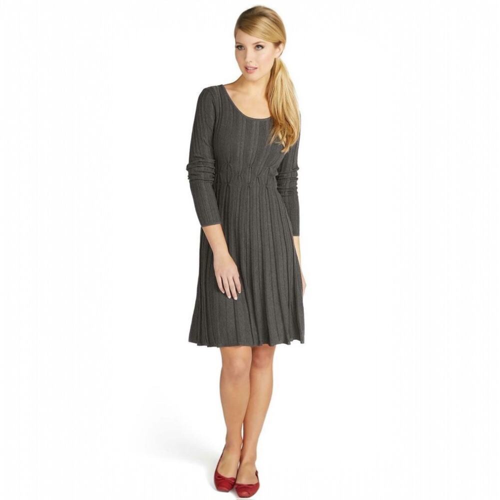 Connected Apparel Knit Pleated Sweater Dress In Grey
